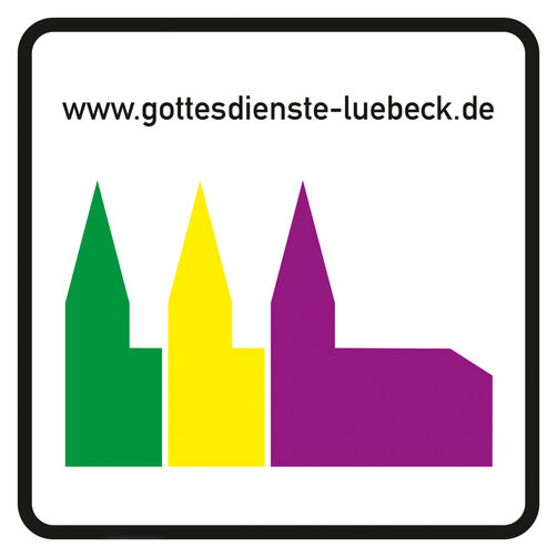 Logo der Gottesdienste-Lübeck: Drei Kirchen stehen in drei farben nebeneinander, v.l. grün, gelb und lila, darüber der Schriftzug www.gottesdienste-luebeck.de