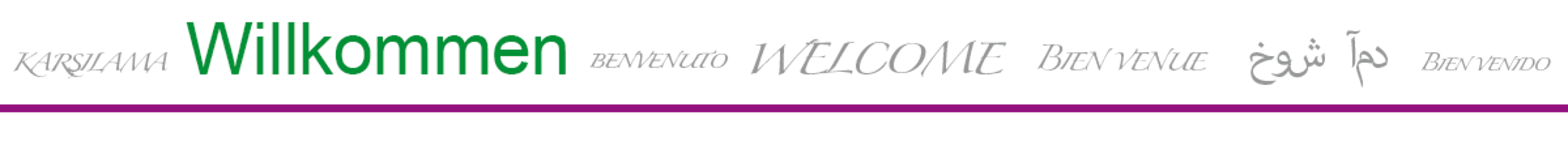 Willkommen in verschiedenen Sprachen. Das deutsche Willkommen in grüner Farbe und besonders großer Schriftgröße. Unter den Willkommen-Versionen ein lila Balken