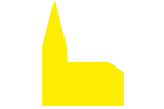 Ein Strichzeichnung einer gelben Kirche
