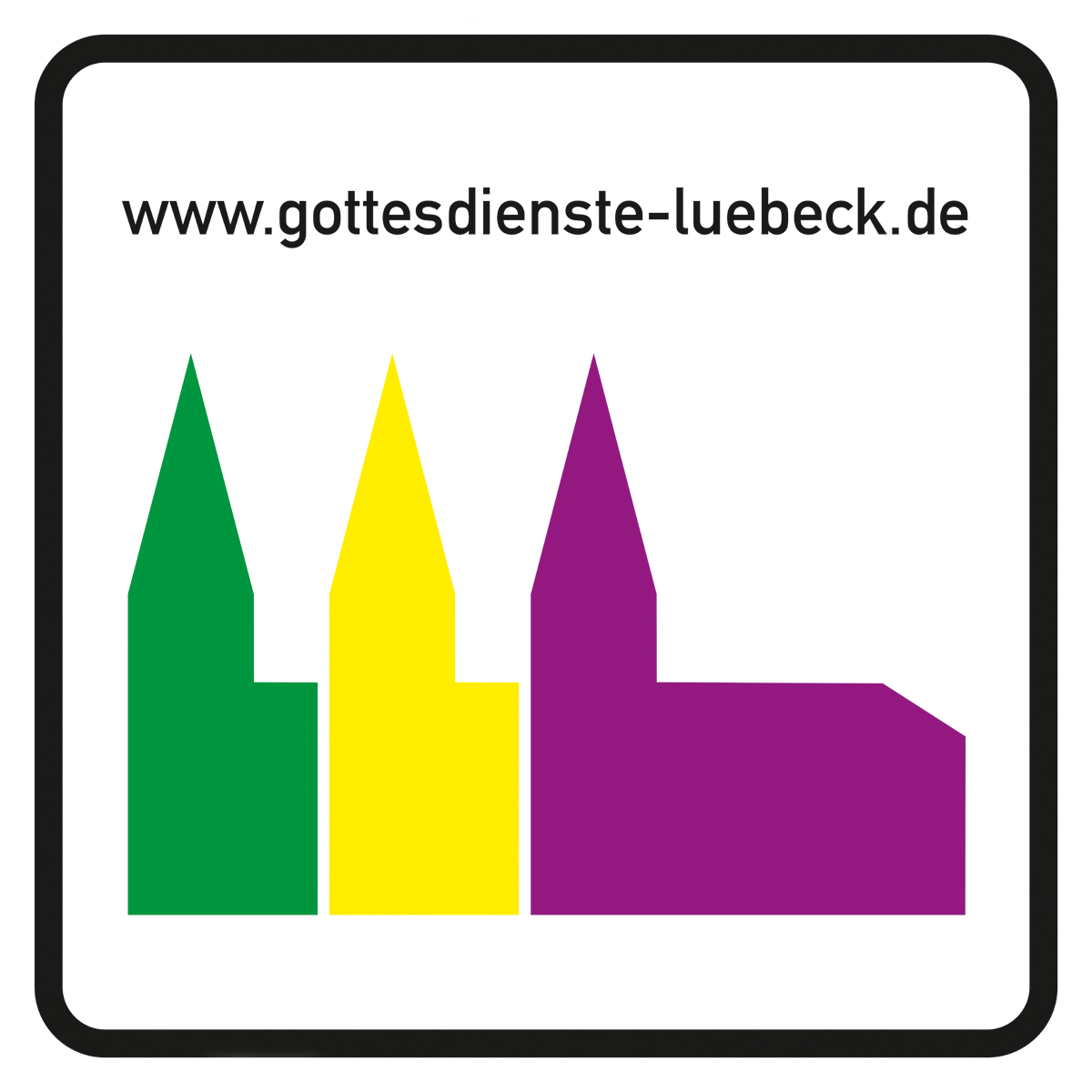 Logo der Gottesdienste-Lübeck: Drei Kirchen stehen in drei farben nebeneinander, v.l. grün, gelb und lila, darüber der Schriftzug www.gottesdienste-luebeck.de