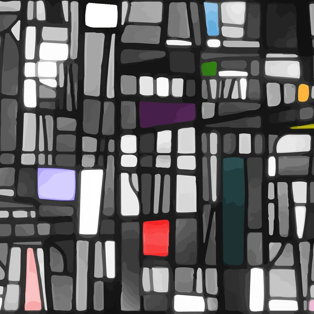 Kirchenfenster mit verschiedenfarbenen Mosaiken, überwiegend grau und Weißtöne. In der linken Ecke eine Abbildung des Straßenschildes www.gottesdienste-luebeck.de auf dem drei farbige Kirchen zu sehen sind (v.l grün, gelb und lila.