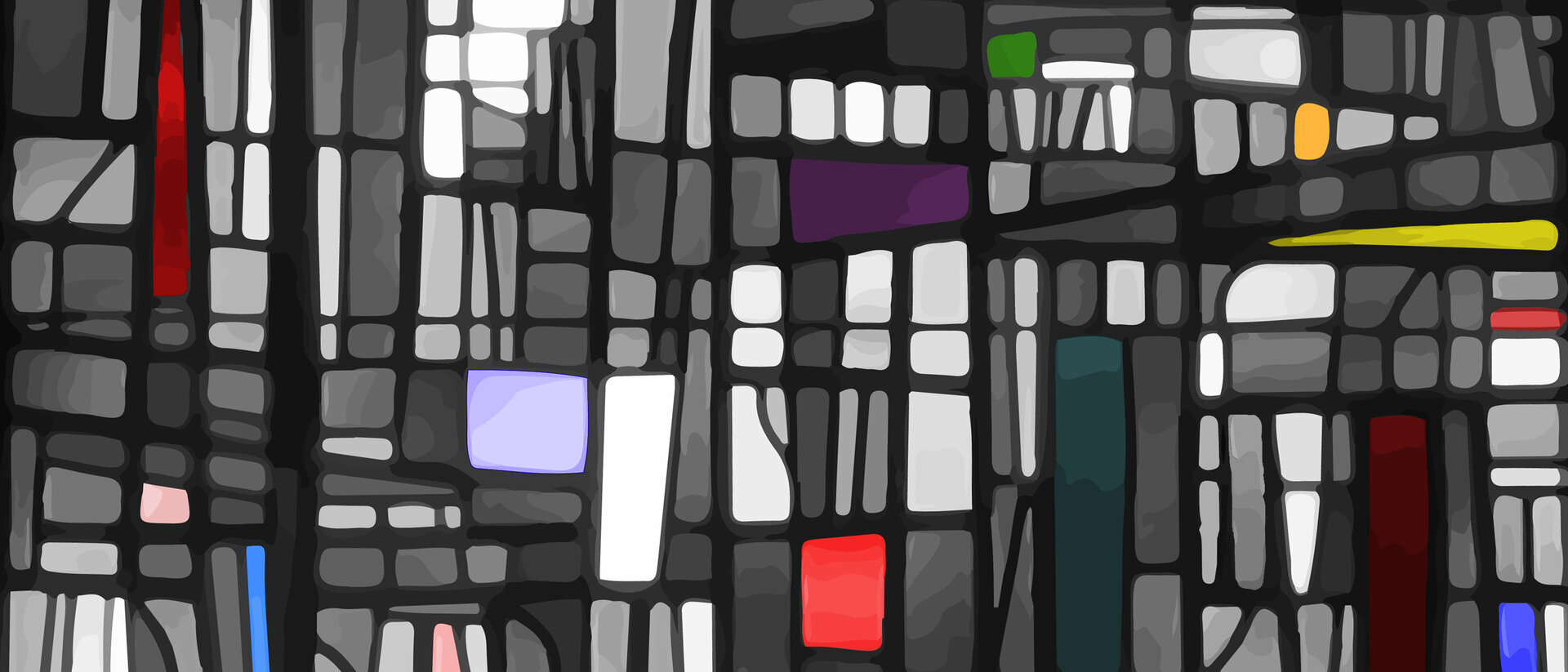 Kirchenfenster mit verschiedenfarbenen Mosaiken, überwiegend grau und Weißtöne. In der linken Ecke eine Abbildung des Straßenschildes www.gottesdienste-luebeck.de auf dem drei farbige Kirchen zu sehen sind (v.l grün, gelb und lila.